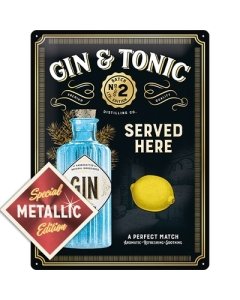 Retro metallposter Gin Tonic Served Here Metallic / 30x40cm