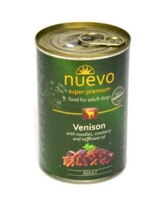 Täissööt (konserv) NUEVO täiskasvanud koertele - Hirveliha nuudlitega, pohlaga ja saflooriõliga 800g