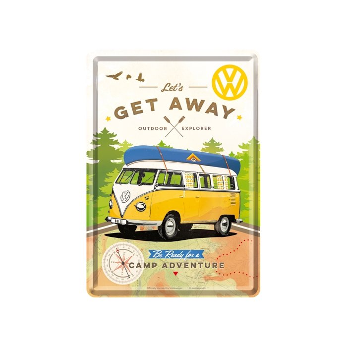 Postkaart metallist 10x14,5cm / VW Let's get away