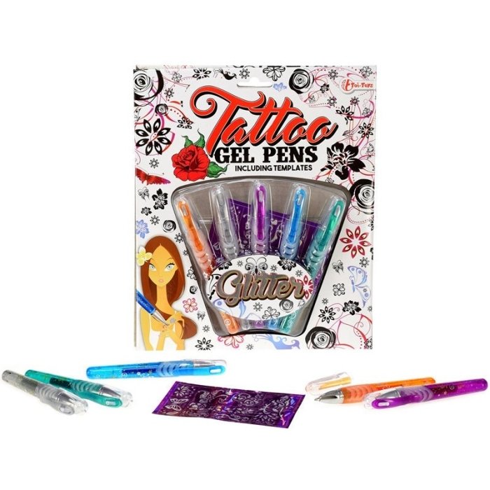 Tattoo geelpliiatsid 5tk ja shabloonid Glitter