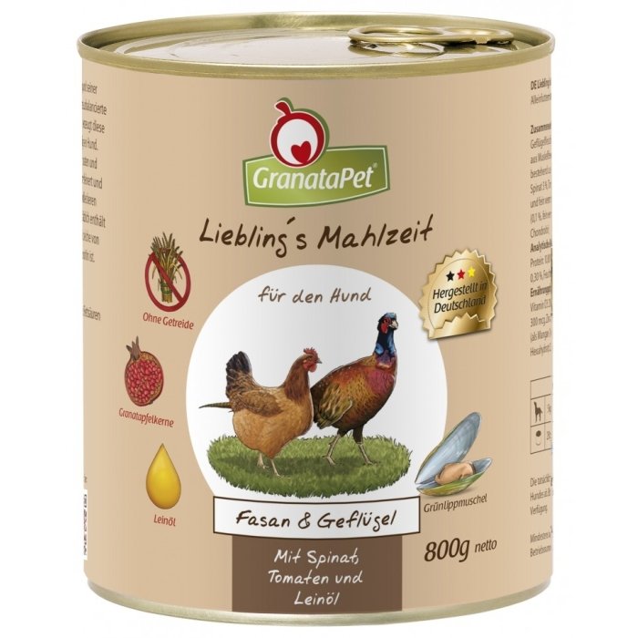 Liebling´s Mahlzeit teraviljavaba konservtoit koertele faasani ja kodulinnulihaga spinatite, tomatite ning linaseemneiõliga / 800g
