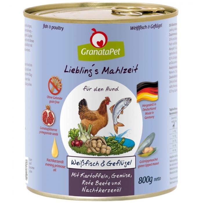 Liebling´s Mahlzeit teraviljavaba konservtoit koertele valge kala ja linnulihaga kartuli, peedi, lehtpeedi kuningakepiõliga / 800g