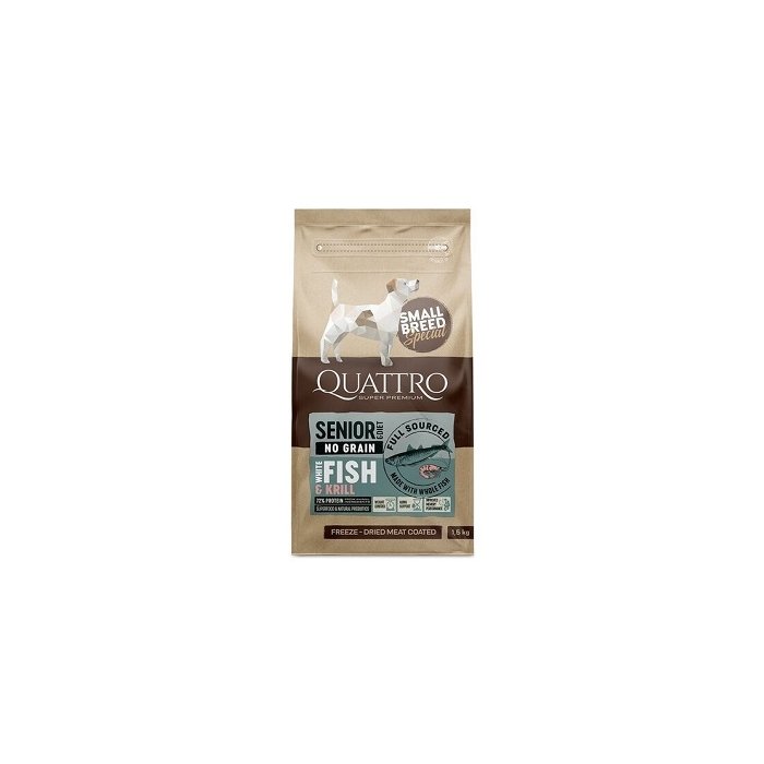 QUATTRO kuivtoit väikest tõugu vanematele koertele valge kala ja krilliga 7kg