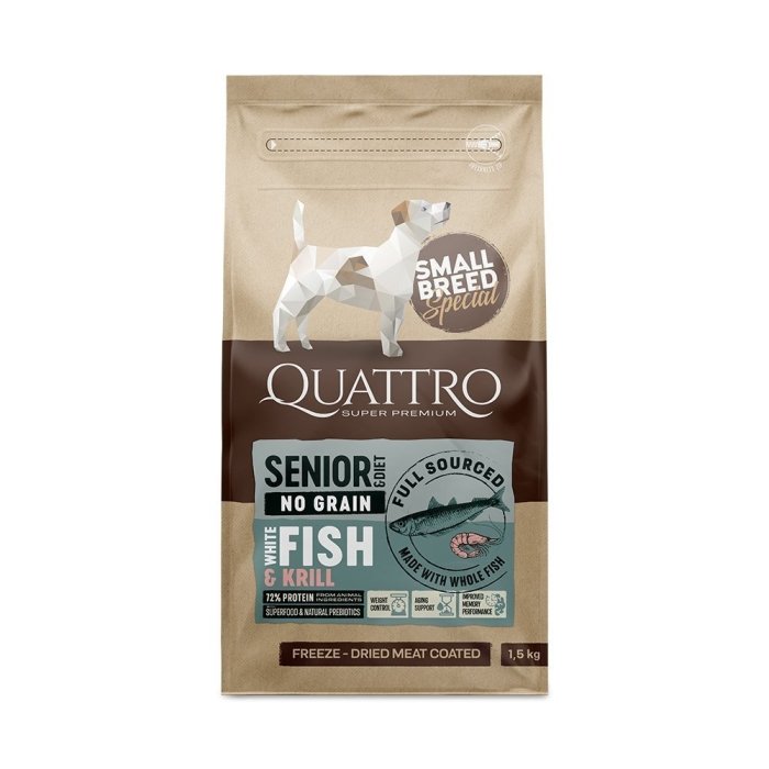 Quattro kuivtoit väikest tõugu vanematele koertele valge kala ja krilliga / 1,5kg