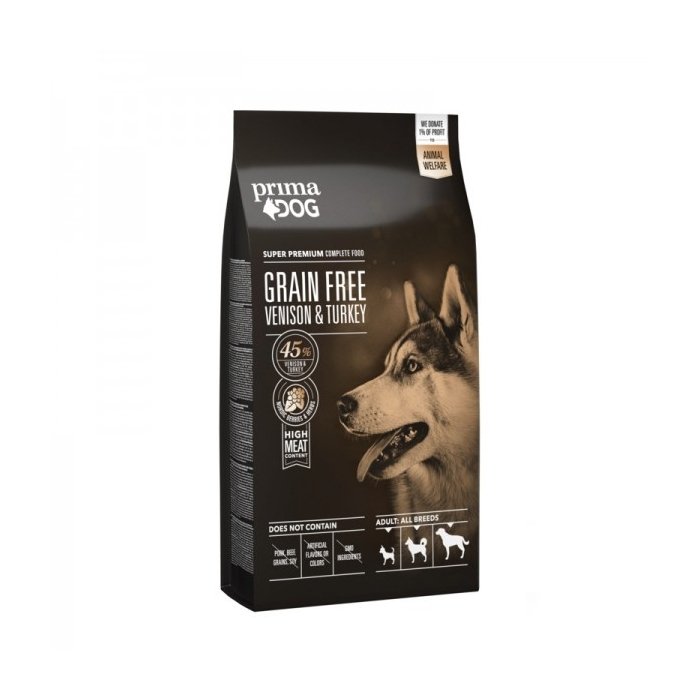 PrimaDog teraviljata täissööt kõikidele täiskasvanud koertele hirve- ja kalkunilihaga / 10kg