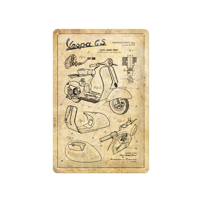 Metallplaat 20x30cm / Vespa - Parts Sketches / KO