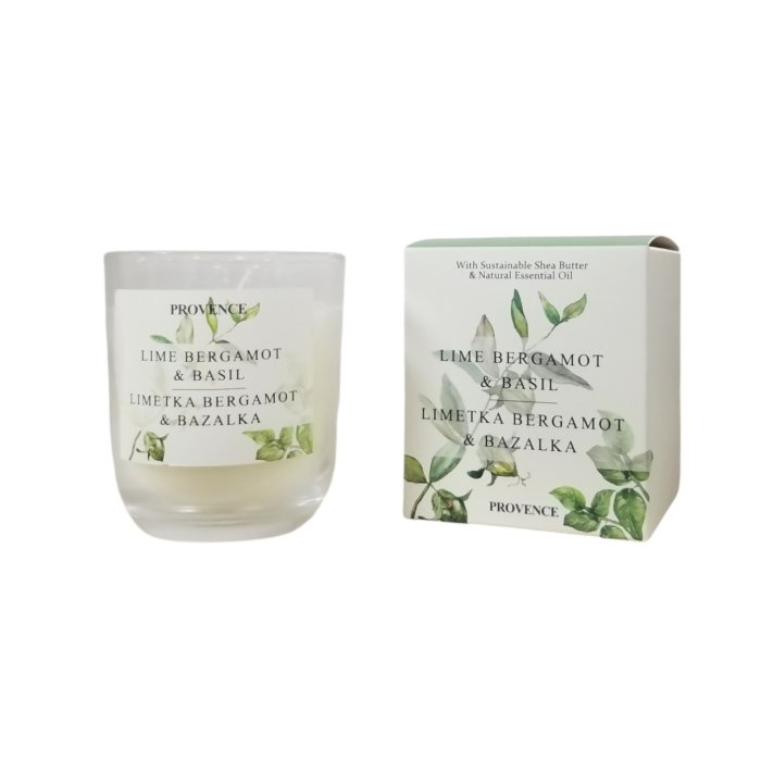 Lõhnaküünal klaasis basiilik ja bergamot / 30h / kinkekarp