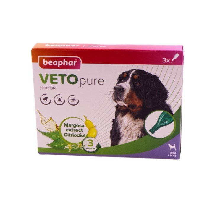 BEAPHAR VETOPure Spot‐on täpilahus välisparasiitide vastased peletustilgad koertele kaaluga üle 15 kg. 