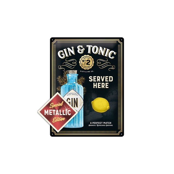Retro metallposter Gin Tonic Served Here Metallic / 30x40cm