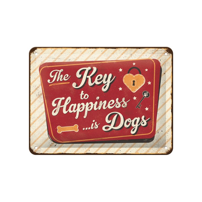Metallplaat 15x20cm / The Key to Happiness... is Dogs