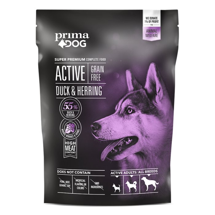 PrimaDog GrainFree täistoit aktiivsetele täiskasvanud koertele pardi-heeringa 20kg (kasvatajate pakk) 