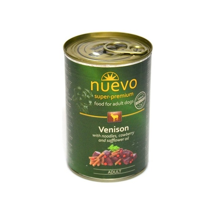 Täissööt (konserv) NUEVO täiskasvanud koertele - Hirveliha nuudlitega, pohlaga ja saflooriõliga 800g